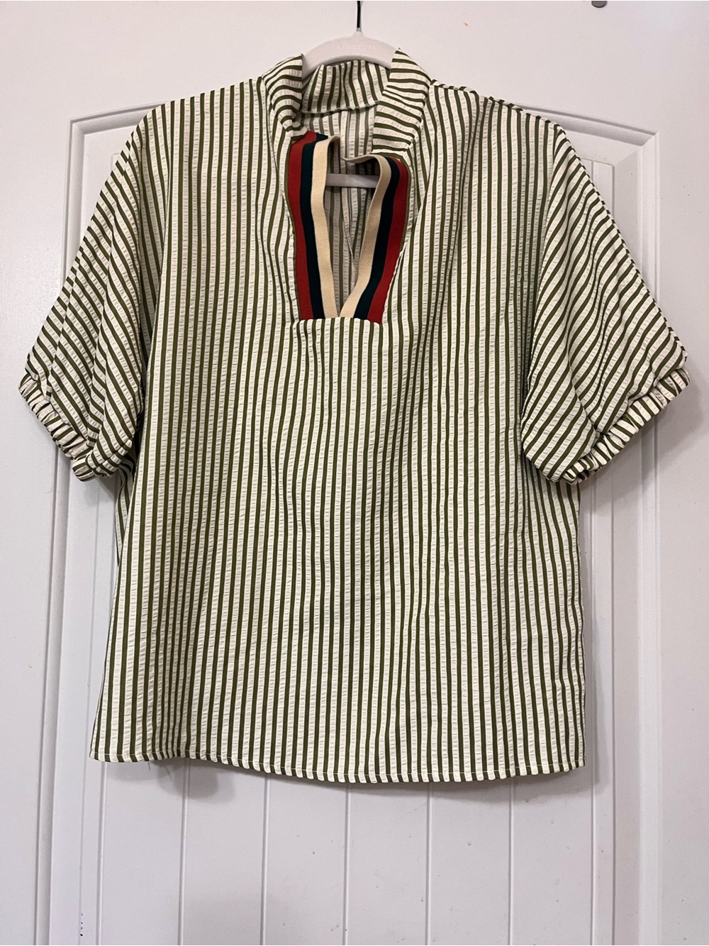 Women’s Olive & Cream Striped Short-Sleeve Tunic with Contrast Trim